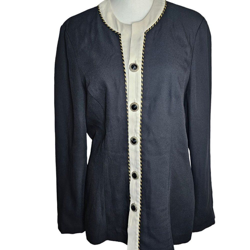 Vintage 90s Leslie Fay Blouse Top Womens Size 12 Black White Gold Buttons